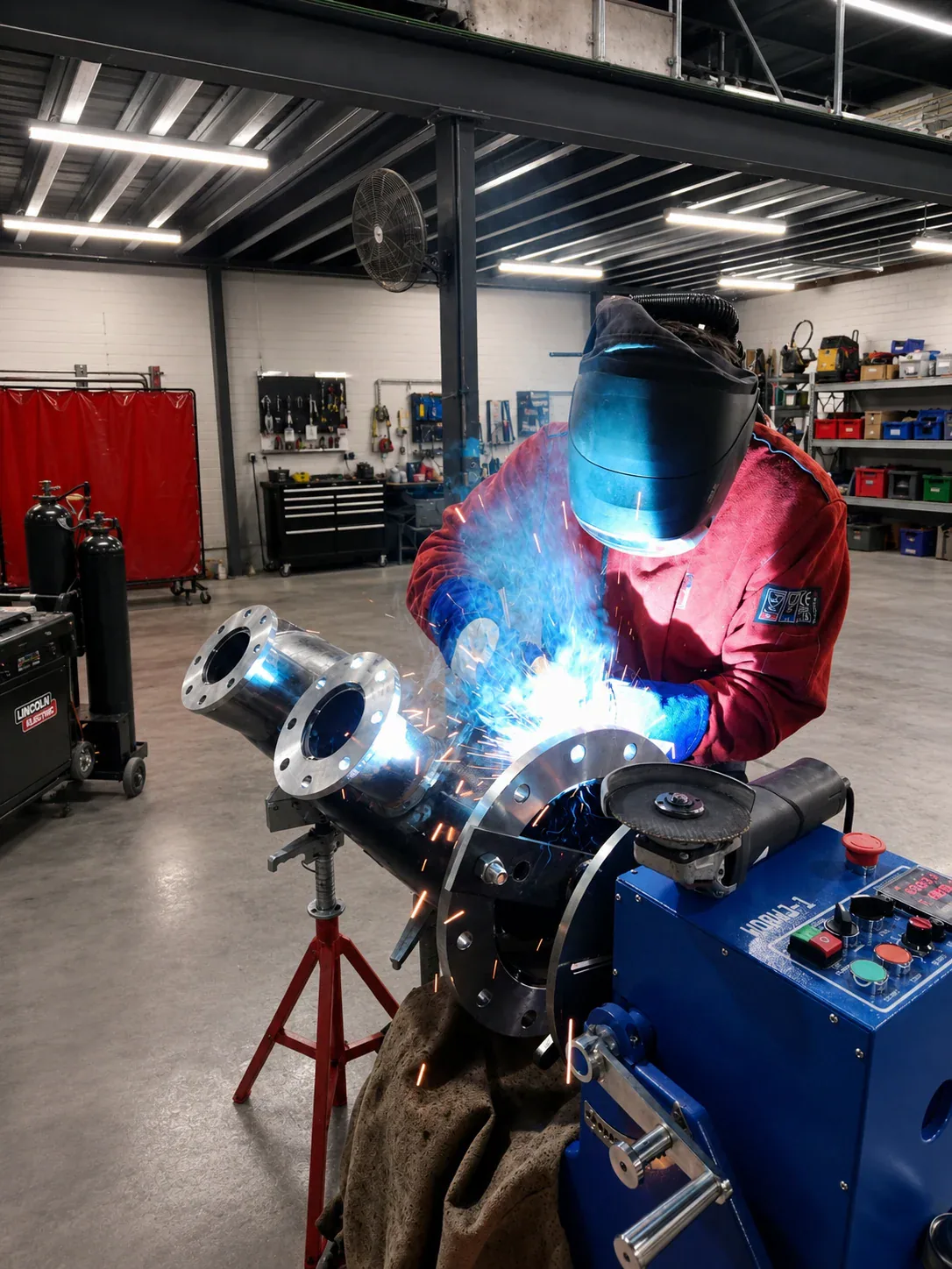 Niche Welding fabricator welding a process pipe assembly in the Wangara workshop